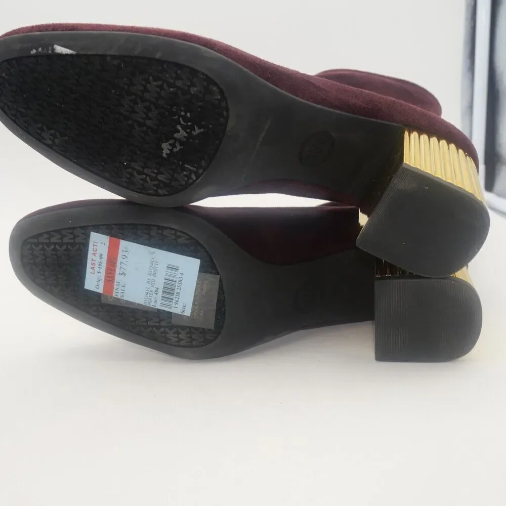 NEW Michael Kors Woman's 7.5 Porter Boots Suede Merlot Burgundy Gold Block Heel